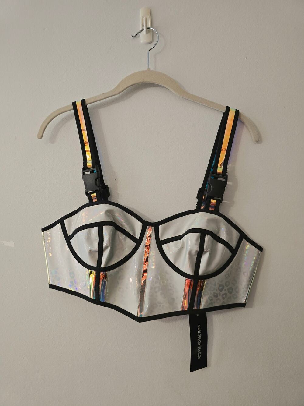 NWT Dolls Kill x Club Exx White Black Vinyl Rave Holographic Crop Top Bralette M